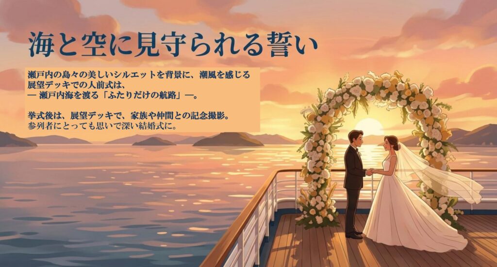 リトリートウェディング　瀬戸内の島々の美しいシルエットを背景に、潮風を感じる展望デッキでの人前式は、 — 瀬戸内海を渡る「ふたりだけの航路」―。 挙式後は、展望デッキで、家族や仲間との記念撮影。 参列者にとっても思いで深い結婚式に。 船上結婚式　船上ウェディング
