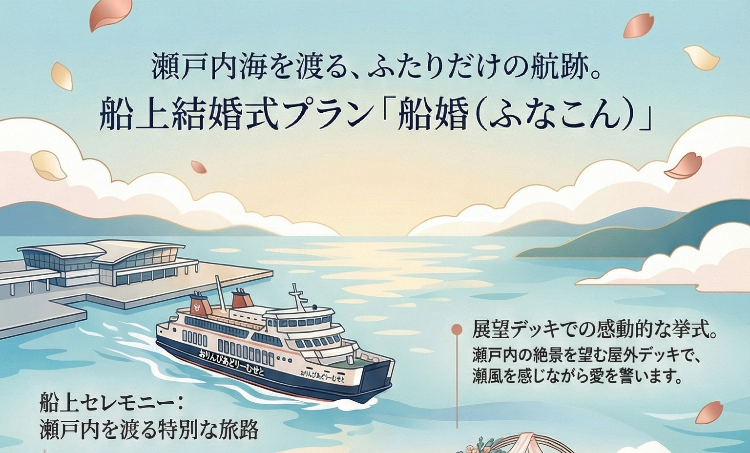 瀬戸内リトリート・デスティネーション　ウエディング　船上結婚式　瀬戸内海を舞台にした新しいウェディングスタイル「船婚（ふなこん）」